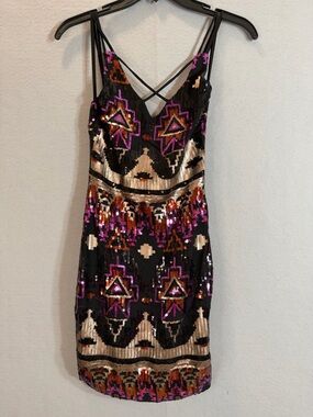 Sequin Bodycon Mini Dress Size 1 Black Pink Geometric Aztec Strappy Party